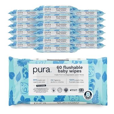 Pura Flushable Baby Wipes - 18 x 60 per pack (1080 Wipes) 100% Plastic Free, 99% Water, Biodegradable, Compostable, Vegan, Monthly Pack, Suitable for Sensitive & Eczema Prone Skin