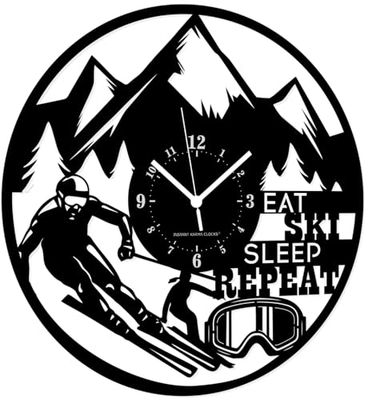 Instant Karma Clocks | Wall Clock | Skier Skiing | Mountain | Sport | No Ticking Home Decoration, HDF Wood, Black, ⌀12inch