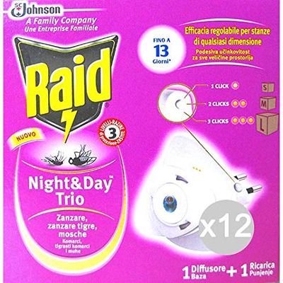 Raid Set 12 Night-Day Trio Base Spina Completo Repellente Insetticida, Multicolore, Unica