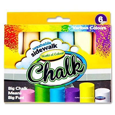 Premier Stationery World of Colour Pavement Chalk for Children, Garden Games, Chunky Chalks for Toddlers, Easy to Wash, Sidewalk Chalk, Bright Colours ( Pack of 6 Assorted Colours)
