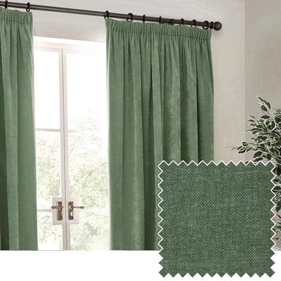 Yard Heavy Chenille Pencil Pleat Curtain Pair – Lined Room Darkening Soft Velvet Earthy Neutral Home Décor (Eucalyptus - 229x229cm)