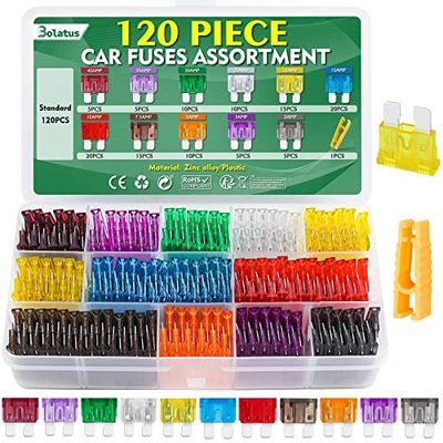 Bolatus 120Pcs Car Fuse Set - Standard Blade 2A-40A Automotive Replacement Fuses for Caravan, Motorcycle, Truck, RV + Fuse Puller