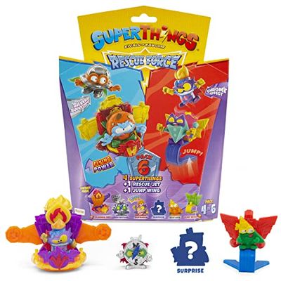 Rivals of Kaboom 8431618019610 Superthings Serie Rescue Force, Este Pack Incluye 4 Figuras coleccionables (1 capitán Plateado Sorpresa y un SuperThing con Efecto Cromado) + 1 Rescue Jet y 1 Jump Wing