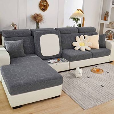 ShowyLive Fundas de Cojín Ajustables para Sofá 3 Plazas Protector de Cojín de Asiento de Tela de Poliéster de Alta Elasticidad (1 Articulo, Hojas Gris)