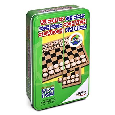 Cayro - Scacchi - + 5 Anni - Scatola In Metallo - Triplo Gioco Da Tavolo Educativo Per Bambini E Adulti - Tabellone 12 X 19,5 X 5 Cm - Ideale Per 2 Giocatori
