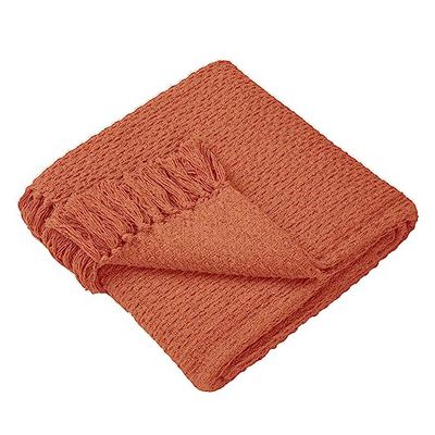 Drift Home - Terracotta plaid met kwastjes (200 x 200 cm) - Duurzaam gerecycled katoen - Geweven deken in terracotta - Wevende/getextureerde bankdeken oranje - oranje terracotta deken extra groot