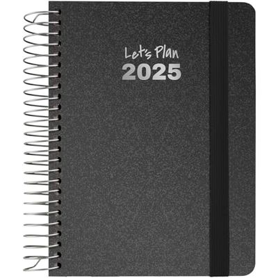 Grafoplas | Agenda 2025 Week View a6 | Black | Spanish | Spiral | Hard Cover Lined Metallic Fabric | Elastic Closure | January to December | Includes Stickers | Metallic Model | FSC