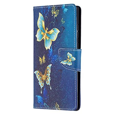 Lvnarery Funda para Samsung Galaxy S21 FE, piel sintética, cartera con tapa magnética con TPU a prueba de golpes, función atril, ranuras para tarjetas, protección de mariposa azul