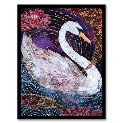 Artery8 Magical Swan Artwork Enchanted Purple Pink Living Room Artwork Framed Wall Art Print 18X24 Inch