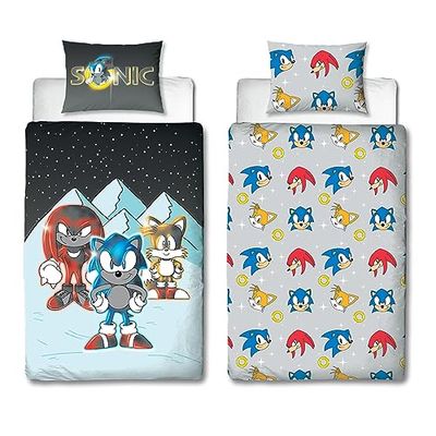 Character World Sonic the Hedgehog officiellt påslakanset för enkelsängar, snödesign | vändbart 2-sidigt bäddskydd officiella varor inklusive matchande örngott | Gaming enkelsäng set