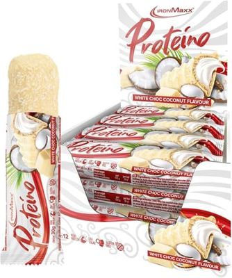 IronMaxx Proteino Barre Protéinée - White Choc Coconut, 12 x 30g | Barre high-protein à base de gaufre, faible en sucre, sans gluten, sans huile de palme.