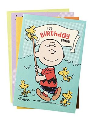 DaySpring Birthday Peanuts - Surtido de 4 diseños con las Escrituras - 12 tarjetas de cumpleaños en caja y sobres