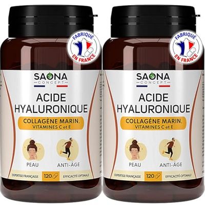 ACIDE HYALURONIQUE & COLLAGÈNE MARIN - Enrichi en Vitamines C & E - 2 mois de cure - Anti-rides 100% Naturel - Anti-âge et Articulations - 120 gélules - Fabriqué en France (Lot de 2)