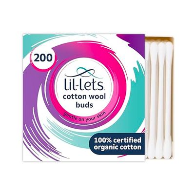 Lil-Lets Cotton Wool Buds, Certified Organic, 100% Pure Cotton Wool Tips, Durable Paper Stems, Plastic Free Cotton Buds, Dermatologically Tested, Pack of 200