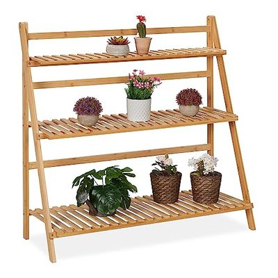 Relaxdays Support pour Plantes, Bambou, Rangement à 3 Niveaux, HxLxP : 96 x 99,5 x 37 cm, Porte-Fleurs Pliable, Nature