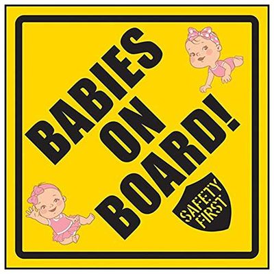 VSafety Babies On Board! Safety First/Girl & Girl Sign - 150mm x 150mm - Yellow Rigid Plastic