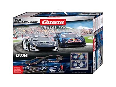 Carrera Digital 132 20030022UK DTM Bull and Horse Slot Car Racing Track for Children from 8 Years and Adults With UK Plug,1:32 Scale, 7.6 Metres, With Two Ferrari 488 GT3, Red Bull and AlphaTauri