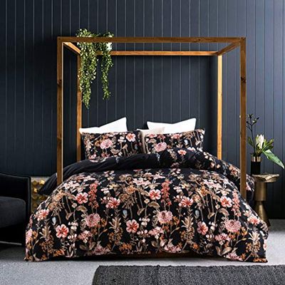GETIANN Parure de lit 3 pièces Douce et légère avec Housse de Couette à Motif Floral Noir pour lit Double/Grand lit de 228,6 x 228,6 cm (Floral Noir)