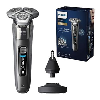 Philips Serie 8000 Afeitadora Eléctrica Hombre, Maquina de Afeitar Barba con Cortapatillas, Cabezal Naricero, Tecnologia SkinIQ, Inalambrica, Recargable, Base Carga, Funda, S8697/23, Negro