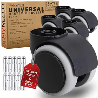 MYNEEED Universele bureaustoelwielen zonder pennen, met pennen van 10 mm/11 mm, wielen voor harde vloeren, krasvrij en stil, bureaustoelwielen voor laminaat, parket tegels, met 4 stappen handleiding