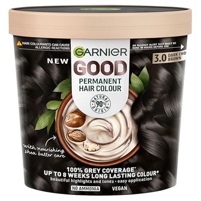 Garnier GOOD Permanent Hair Dye, No Amonia and Shea Butter formula, 100% grey coverage & 8 weeks long lasting colour for all hair types, 3.0 Dark Chocolate Brown