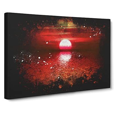 Red & Orange Sunset Above The Sea Paint Splash Modern Art Canvas Wall Art Print Ready to Hang, Framed Picture for Living Room Bedroom Home Office Décor, 20x14 Inch (50x35 cm)