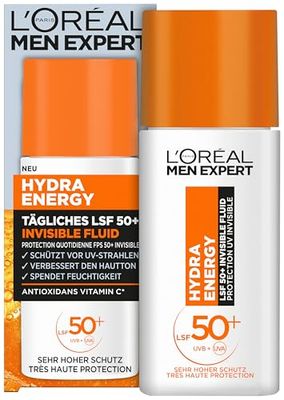 L'Oréal Men Expert Protezione solare UV SPF 50 per uomo, fluido invisibile per il viso contro i raggi solari, crema solare da uomo SPF 50+ contro l'invecchiamento della pelle con vitamina C, Hydra