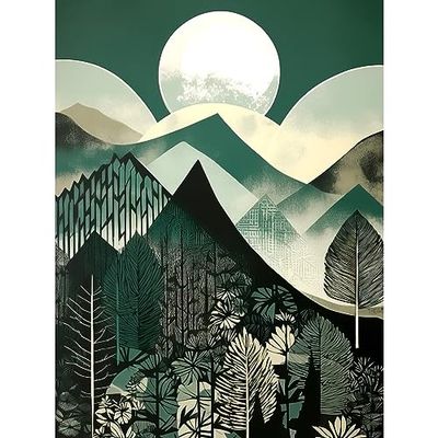 Artery8 Full Moon Over Mountain Forest Linocut Mid Century Sage Green Moonlit Landscape Large Wall Art Poster Print Thick Paper 18X24 Inch
