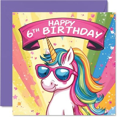 6th Birthday Card - Cool Unicorn Sunglasses - Unicorn Birthday Card for 6 Year Old Girl, Age 6 Birthday Cards Sixth Birthday Card, 145mm x 145mm Cute Greeting Card