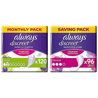Always Discreet Incontinence Pads Women, Small, 120 Moderate Absorbency Pads (20 x 6 Packs) & Discreet Incontinence Liners Women, Normal, 96 Liners (24 x 4 Packs), Odour Neutraliser