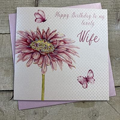 White Cotton Cards Pink Gerbera to My Lovely Wife Happy Handmade Kartka urodzinowa, biała, WS43
