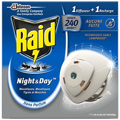 Raid diffuseur électrique night&day mouches, moustiques et moustiques tigres, 1 diffuseur + 1 recharge 240 heures, L'emballage peut varier