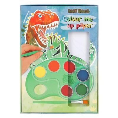 Depesche 12517 Dino World Colour Me Up Paper, Watercolour Paper with 10 Colouring Designs, Includes Brush and Watercolours