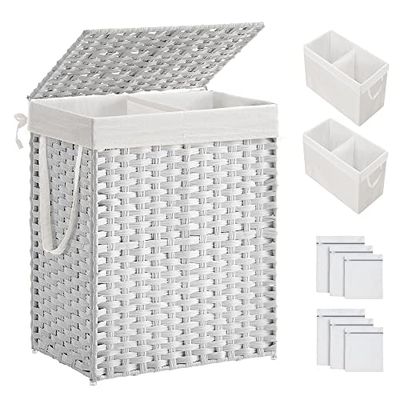 SONGMICS Panier à Linge 90 L Avec Couvercle, 2 Sacs à Doublure Amovible, 6 Sacs en Maille, en Osier, Double Pour Salle de Bain, 33 x 45,7 x 60,1 cm