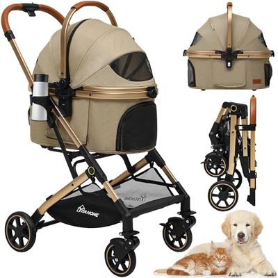 YITAHOME Hondenwagen, kinderwagen, opvouwbare hondenkinderwagen voor middelgrote honden, 15 kg, hondenbuggy met afneembare drager, opbergmand, bekerhouder, huisdierdrager op 4 wielen (kaki)