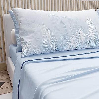 PETTI Artigiani Italiani - Cotton Sheets with Pillowcases in Digital Print, for Double Bed, Complete Top and Bottom Sheet with Corners, Light Blue, 100% Made in Italy