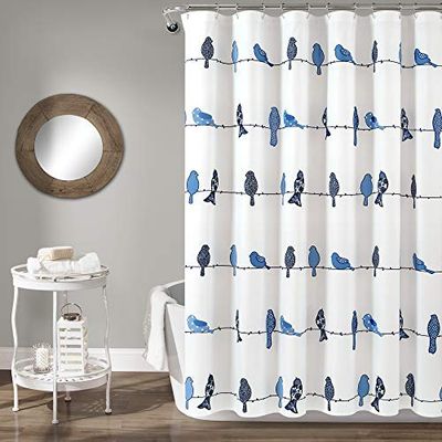 Lush Decor Rowley Birds Shower Curtain, 72” W x 72” L, Navy - Colorful Floral Bird Pattern - Whimsical & Playful Bird Shower Curtain - Farmhouse, Coastal, & Boho Bathroom Decor