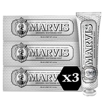 Marvis Lot de 3 dentifrices blanchissants pour fumeurs, Menthe, 3 x 85 ml, Favorise le blanchiment naturel des dents, Dentifrice anti-plaque dentaire