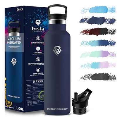 Grsta Borraccia Termica, Borraccia 1 litro, Borraccia con Cannuccia, Borraccia Acciaio Inox Senza BPA, Bottiglia Termica Senza Perdite, per Sport, Scuola, Yoga
