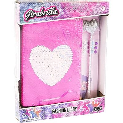 Girabrilla Nice Group Fashion Diary Heart, Agenda à Paillettes Réversibles, Stylo Pompons, Adhésifs Gemme et Stickers autocollants - 19048