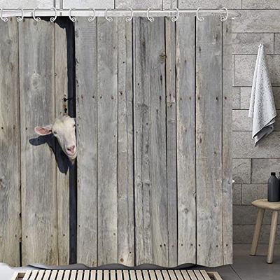 GKLEASG Boerderij douchegordijn, geit grijs rustieke houten plank badkamer gordijn voor thuis badkuip decor waterdichte polyester stof met 12 haken in 182,9 cm L x 182,9 cm B
