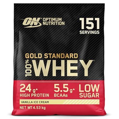 Optimum Nutrition Gold Standard 100% Whey, Poudre de Protéines pour Construction et Récupération Musculaire, avec Glutamine et Acides Aminés BCAA Naturels, Crème Glacée Vanille, 151 Portions, 4,53 kg