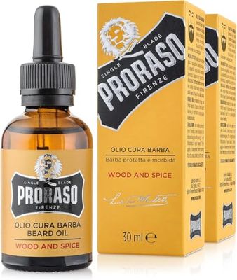 Proraso Olio Cura Barba Wood and Spice, 2 x 30ml, Olio da barba uomo con effetto ammorbidente e nutriente, Olio barba folta e lunga, Made in Italy