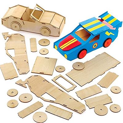 Baker Ross FE625 Sets Met Houten Raceauto's - Set van 2, houten knutselsets voor kinderen om te versieren en te laten zien, educatieve activiteit voor kinderen