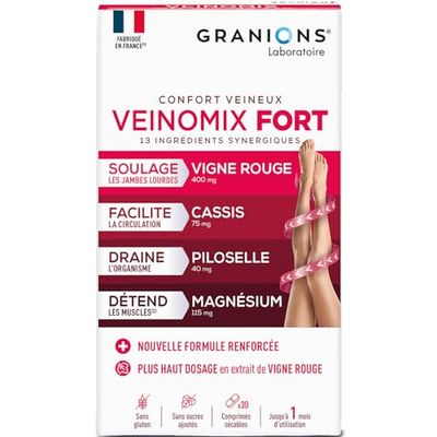 GRANIONS - VEINOMIX FORT - Retention d'eau drainant puissant - Circulation Sanguine Jambes - Vigne rouge + Vitamine C + Vitamine E - Vigne rouge Circulation - Jambes Lourdes - 30 comprimés - 1 mois
