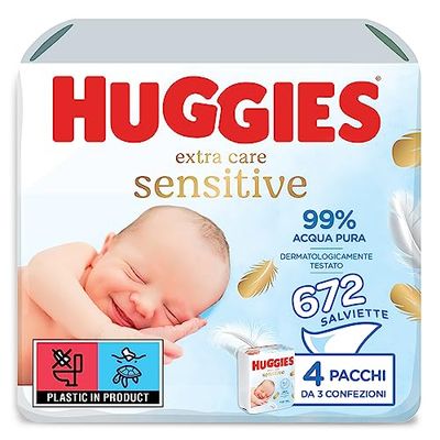 Huggies Pure Extra Care, Baby Wipes - Box with 12 Packs (672 Wipes Total) - 99 Percent Pure Water Wet Wipes - Fragrance Free to Clean and Protect Sensitive Skin