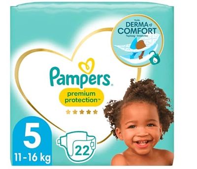 Pampers Lot de 22 couches pour bébé Taille 5 (11-16 kg) Premium Protection, Junior - Meilleur confort et protection pour les peaux sensibles