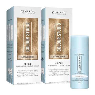 Clairol Colour Studio Permanent Colour Cream x2 Leave-in Pre-colour Serum x1 Prepares and Protects Hair Before Colouring Long-lasting Rich Tones Hair Colouring Kit 9/1 Pearl Blonde