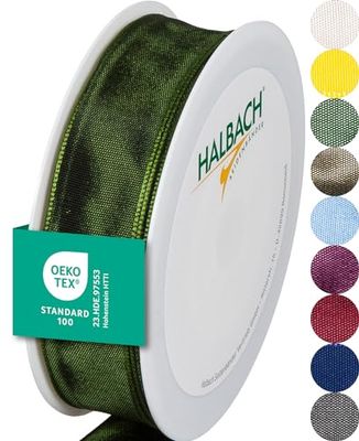 Halbach Seidenbänder Premium Gift Ribbon with Wired Edge, Width 25 mm, Length 25 m, Oeko-Tex 100 Certified Ribbon, Taffeta Ribbon, Made in Germany, Colour: Dark Green