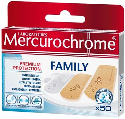 Mercurochrome - Opatrunki Rodzinne - Pierwsza Pomoc - Opatrunki 3 Różne Rozmiary - 50 Opatrunków - Idealne Dla Całej Rodziny - Mięso i Przezroczysty